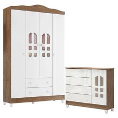 Cômoda Selena e Guarda Roupa Infantil New Selena 4 portas Branco Acetinado Amadeirado – Carolina Móveis