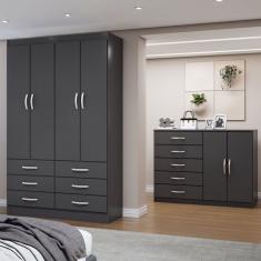 Guarda-Roupa Solteiro Max 4 Portas 6 Gavetas com Cômoda 2 Portas 5 Gavetas Preto - Panorama Móveis
