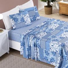 Jogo de Lençol Cama King 4 peças Estampado Bouti - Bia Enxovais, Azul 