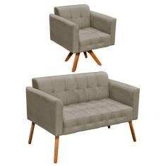 Kit 01 Namoradeira e 01 Poltrona Giratória Elisa Suede Base Madeira MM