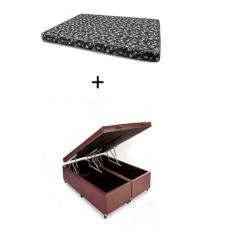Cama Box Baú Casal 138 Bipartido - Bello Box Tecido Sintético Marrom com Colchão New York Preto D28 - 100% Espuma - 54x138x188