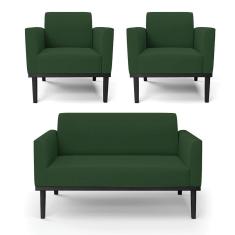 Sofá Namoradeira Com 2 Poltronas Base De Madeira Fixa Preto Marisa Veludo Verde D03 - D'Rossi