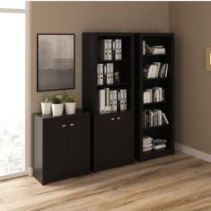 Conjunto Home Office 3 Peças com 1 Balcão, 1 Armário e 1 Estante Tecno Mobili Preto