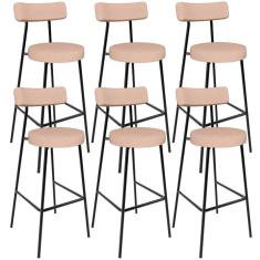 Kit 06 Banquetas Altas Cozinha Bar Sala De Jantar Em Aço Milão L02 Linho Rosê - Lyam Decor