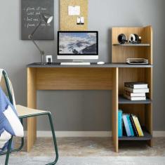 Escrivaninha p/ Notebook Link Carvalho com Grafite com 3 Prateleiras -