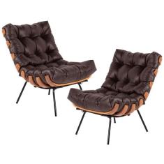 Kit 02 Poltronas Decorativas Sala de Estar Costela L04 Couro Marrom Ca