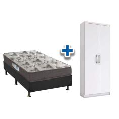 Cama Box Solteiro crc + D33 Iso Ortobom + Armário Multiuso Margarida Branco