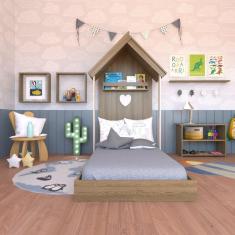 Quarto Infantil Cama Banqueta 2 Nicho e Prateleira Carvalho