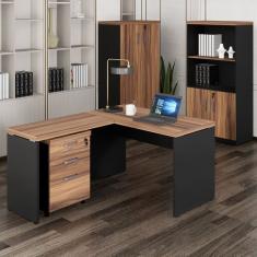 Mesa de Escritório em L com Gaveteiro, Armário Estante e Armário Fechado Espresso Móveis Marrom/Preto