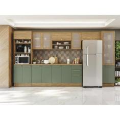 Cozinha Completa com 7 Peças 3 Gavetas Nogueira/verde Oliva