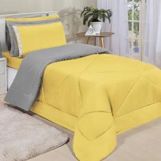 Kit Edredom Dupla Face Ternura Solteiro 4 Peças - Amarelo e Cinza - Bo