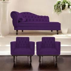Kit Diva Recamier Diana 185cm Lado Direito e 02 Poltronas Classic Sued