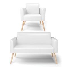 Sofá Namoradeira Com Poltrona Pés Palito Natural Marisa Corano Branco 