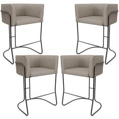 Kit 04 Banquetas Baixa Base De Aço Preto Betina D02 Linho Bege D-463 - Lyam Decor