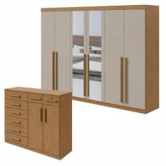 Conjunto de Guarda-roupa 6 Portas com Espelho Bertha com Cômoda Toront