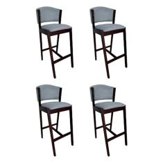 Kit 4 Banquetas Alta De Madeira Maciça Castanho Premium Ana Com Encosto Linho Cinza
