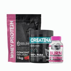 Kit:Whey Protein Concentrado 1kg +Creatina Monohidratada Pote 300g - 100% Pura+Termogênico Femme Burn 90g - Soldiers Nut
