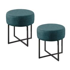 Conjunto - 2 Puffs Banqueta Otávio Base Metálica Preta Luxo Linho Azul