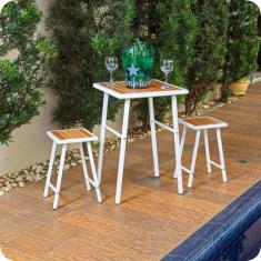 Conjunto De Mesa E 2 Bancos Branco Para Área Externa Jardim - MetalCro