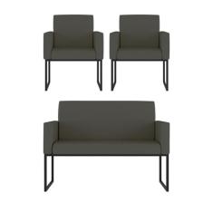 Kit 2 Poltrona + Sofá 2 Lugares com Base Ferro Preta material sintétic