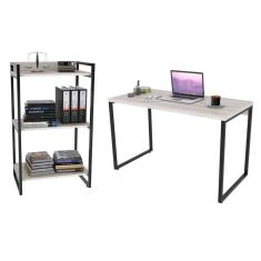 Conjunto Escritório Estilo Industrial Mesa 135cm E Estante 60cm 3 Prateleiras Prisma C08 Snow