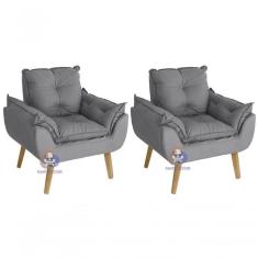 Kit 02 Poltrona/cadeira Decorativa Glamour Com Pés Quadrado Cinza