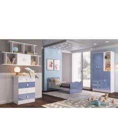 Quarto Infantil Completo Docinho com Guarda Roupa 3 Portas, Cômoda, Mini Cama e Nicho Espresso Móveis Branco/Azul