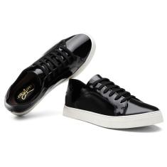 Tenis Casual Feminino Couro Verniz Forrado Cano Curto Com Cadarço Esportivo Caminhada