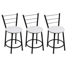 Kit 3 Banquetas Baixas Preta com Encosto Assento Branco - Fortmix