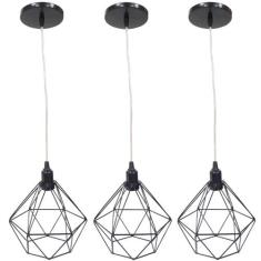 3 Pendentes Aramado Diamante Luminária Lustre Cabo Cristal 1,5 Mt Pret