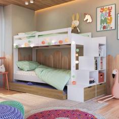 Cama Treliche Infantil Bicama Menino Menina 2,32m Com Escada, Nichos E Gavetas Branco Com Aveiro Oak