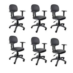 Kit 6 Unidades Cadeira Escritório Secretária Giratória com Braço Regulável em Couro Preto