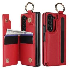 Capa de telefone com anel de couro PU para Samsung Galaxy Z Fold 5 4 3 Fold5 Fold4 Fold3 5G Carteira com suporte para caneta e amp; Slot para cartão (sem caneta), vermelho, para Galaxy Z Fol