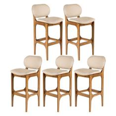 Kit 5 Banquetas Alta em Madeira Decor Estofada Linho Bege M58 RMI - Ri