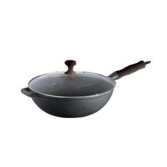 Panela Wok Ferro Fundido Tampa Vidro Preta 28cm - Libaneza