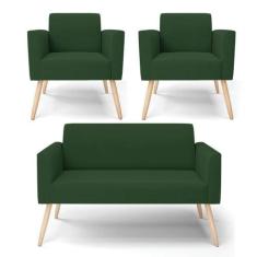 Sofá Namoradeira Com 2 Poltronas Pés Palito Natural Marisa Veludo Verd
