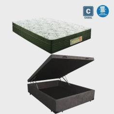 Cama Box casal com baú cinza suede + Colchão Molas ensacada 1,38 x 1,88 x 24 cm