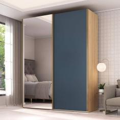 Guarda Roupa Solteiro com Espelho 2 Portas 3 Gavetas Veneto Olmo Italiano/Azul