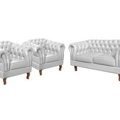 Conjunto Sofá Chesterfield 2 Lugares 2 Poltronas Dom Pedro Sintético Branco