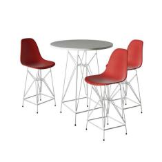 Jogo Mesa Bistrô Eames Branca 60Cm 3 Banquetas Vermelha Base Ferro Bra