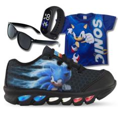 Kit Tênis De Led Infantil Menino Masculino Sonic Preto + Camisa + Reló