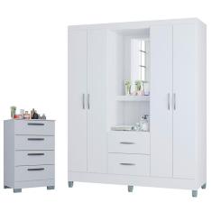 Cômoda 867 4 Gavetas com Guarda Roupa Solteiro Córdoba 4 Portas Branco Brilho - Poquema