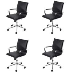 Kit 4 Cadeiras para Escritório Baixa Estofada em Sintético com Rodízios 3304 OR Design Preta