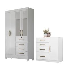 Conjunto Guarda Roupa 4 Portas 4 Gavetas MDP com Espelho Azul Branco Lilás Rosa Moval Móveis