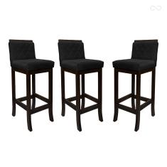 Kit 3 Banquetas Alta com Encosto Matelassê Nice Madeira Maciça Suede Preto CCS