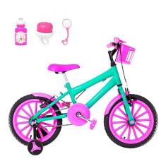 Bicicleta Infantil Feminina Aro 16 Nylon + Kit Passeio Verde Água E Pink