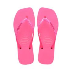 Chinelo sandalia havaianas feminina slim square glitter neon, Bege pal