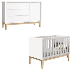 Berço Americano E Cômoda Infantil 1 Porta Classic Branco Com Pés Madeira Natural ? Reller