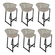 Kit 6 Banquetas Reis Em Corda Náutica E Base Em Alumínio Preta Para área Gourmet Externa Areia Bege