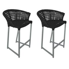 Kit 2 Banquetas Reis Em Corda Náutica E Base Em Alumínio Cinza Para área Gourmet Externa Preta Preto